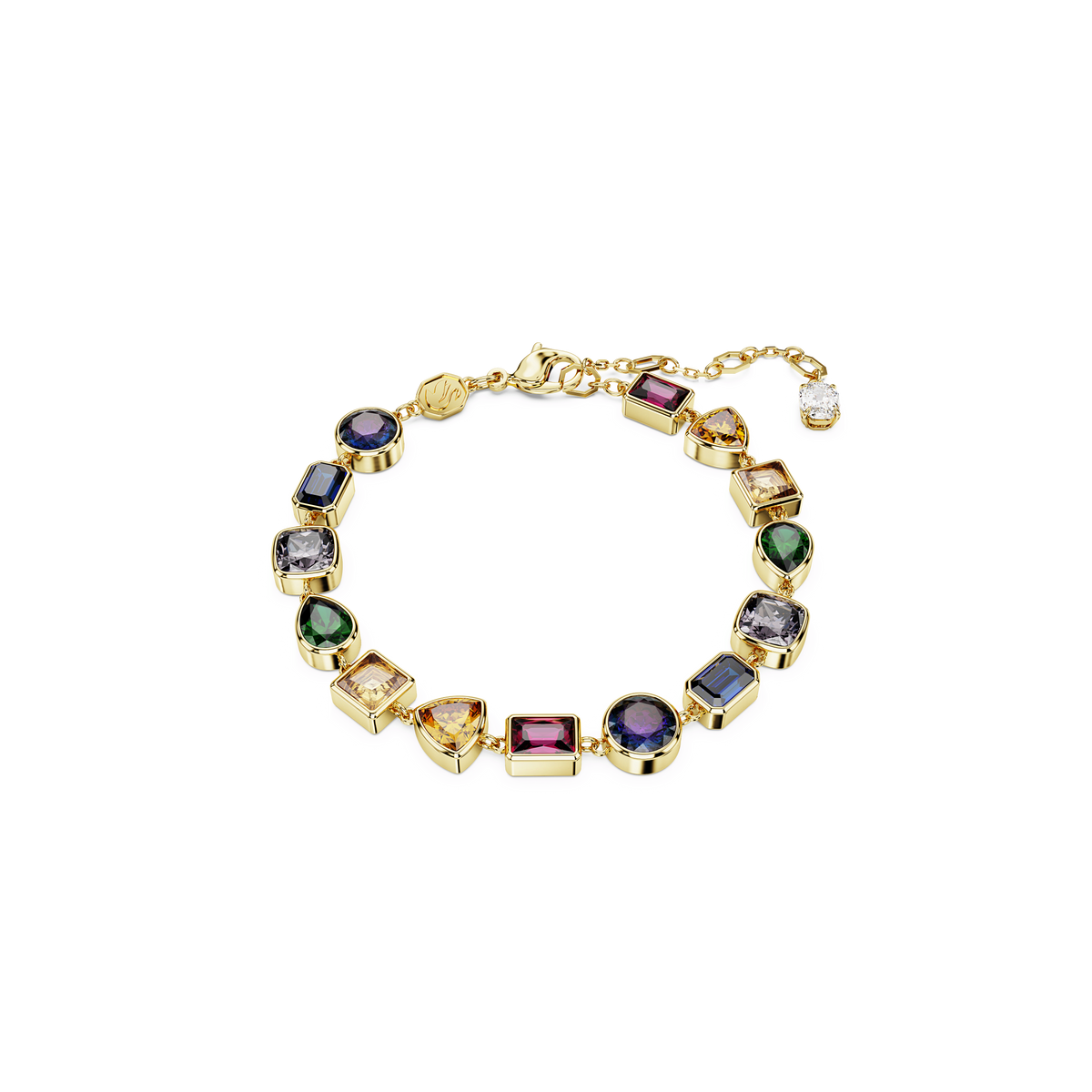 The Swarovski Imber bracelet showcases mixed-cut, multicolored gemstones—including brilliant Swarovski Zirconia—each set in a luxurious 18K gold finish bezel, with an adjustable chain and clasp.