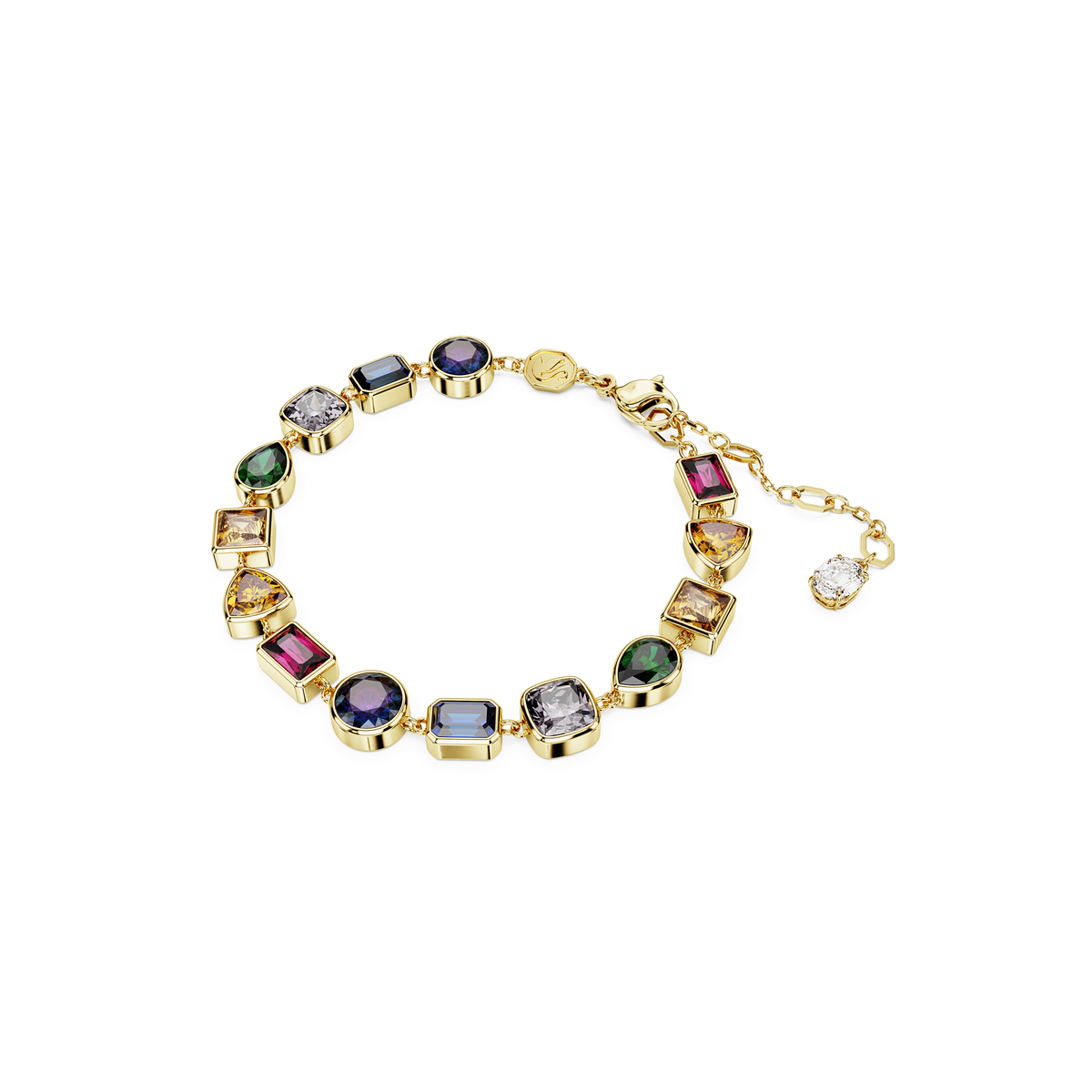 Introducing the Swarovski Imber bracelet, a stunning accessory crafted by Swarovski. This elegant piece features an 18K gold finish and showcases mixed-cut, multicolored stones—including both square and round settings—accented with sparkling Swarovski Zirconia. The adjustable chain is finished with a delicate dangling gem, making this bracelet a radiant addition to any ensemble.