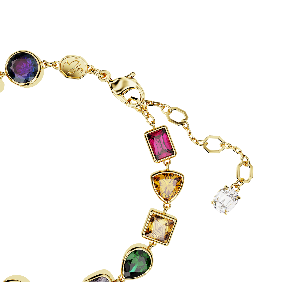The Swarovski Imber bracelet features mixed-cut, multicolored gemstones and is beautifully finished with an elegant 18K gold coating, shown here against a white background.