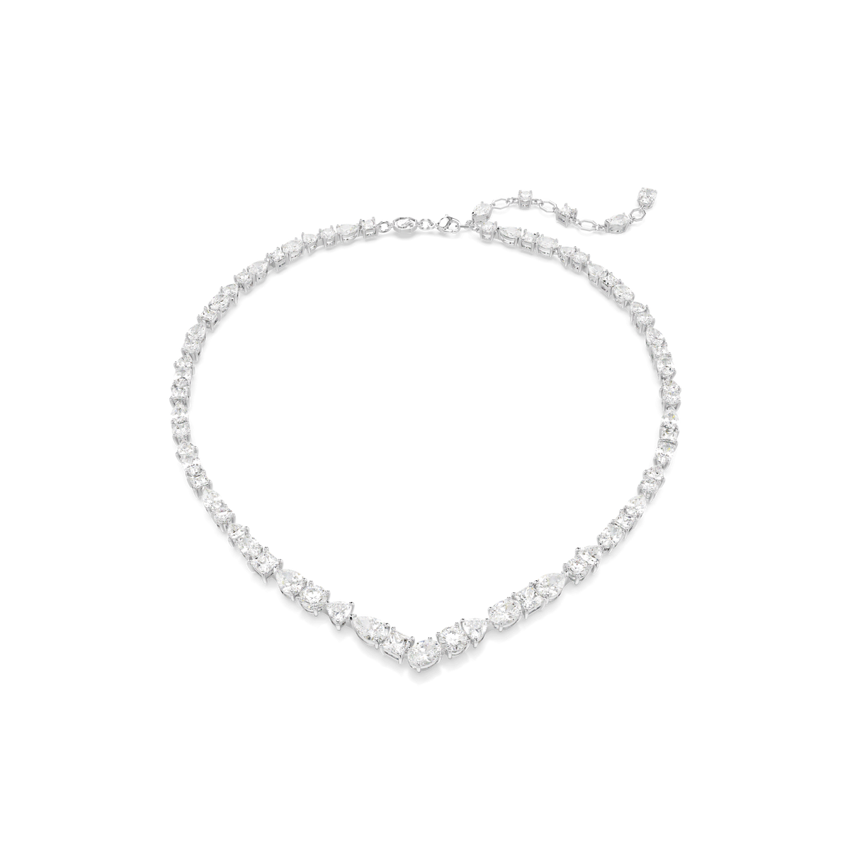 Elevate your collection with the Swarovski Mesmera necklace by Swarovski—a rhodium plated piece featuring mixed-cut sparkling gemstones. This luxury necklace showcases a slightly pointed centerpiece crafted from dazzling white Swarovski Zirconia and includes an adjustable clasp, all elegantly presented against a plain white background.