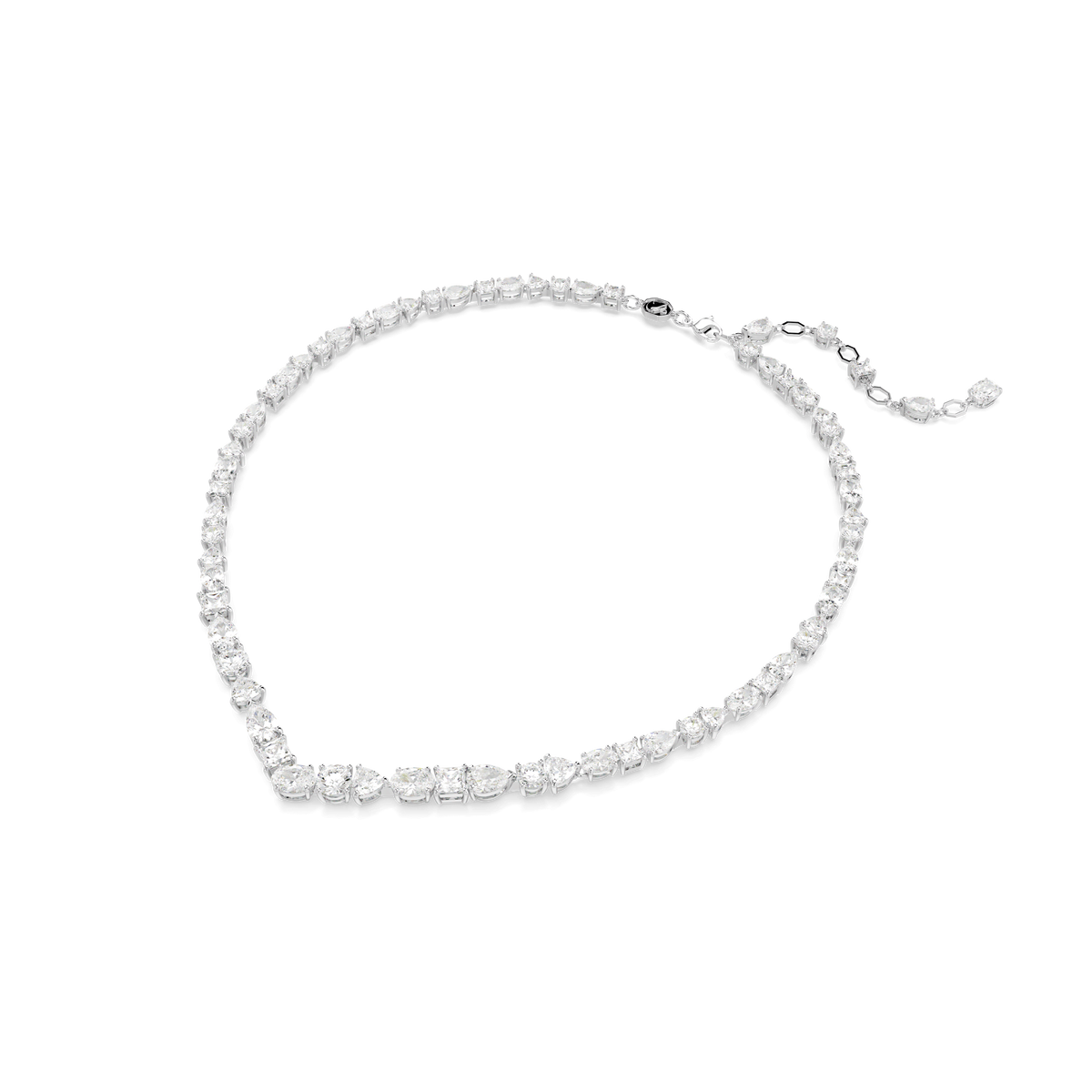 Introducing the Swarovski Mesmera necklace: this luxurious piece by Swarovski features mixed-cut white Swarovski Zirconia, artfully spaced along a rhodium-plated chain. The elegant adjustable design includes a secure clasp, all showcased against a plain white background.