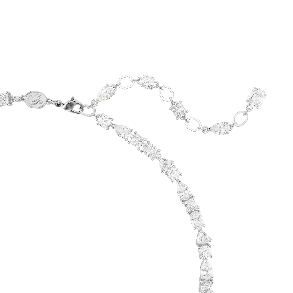 Close-up of the Swarovski Mesmera necklace, elegantly rhodium plated and featuring mixed cut, sparkling white crystals linked together with a clasp, set against a plain white background—a stunning showcase of Swarovski luxury jewelry.