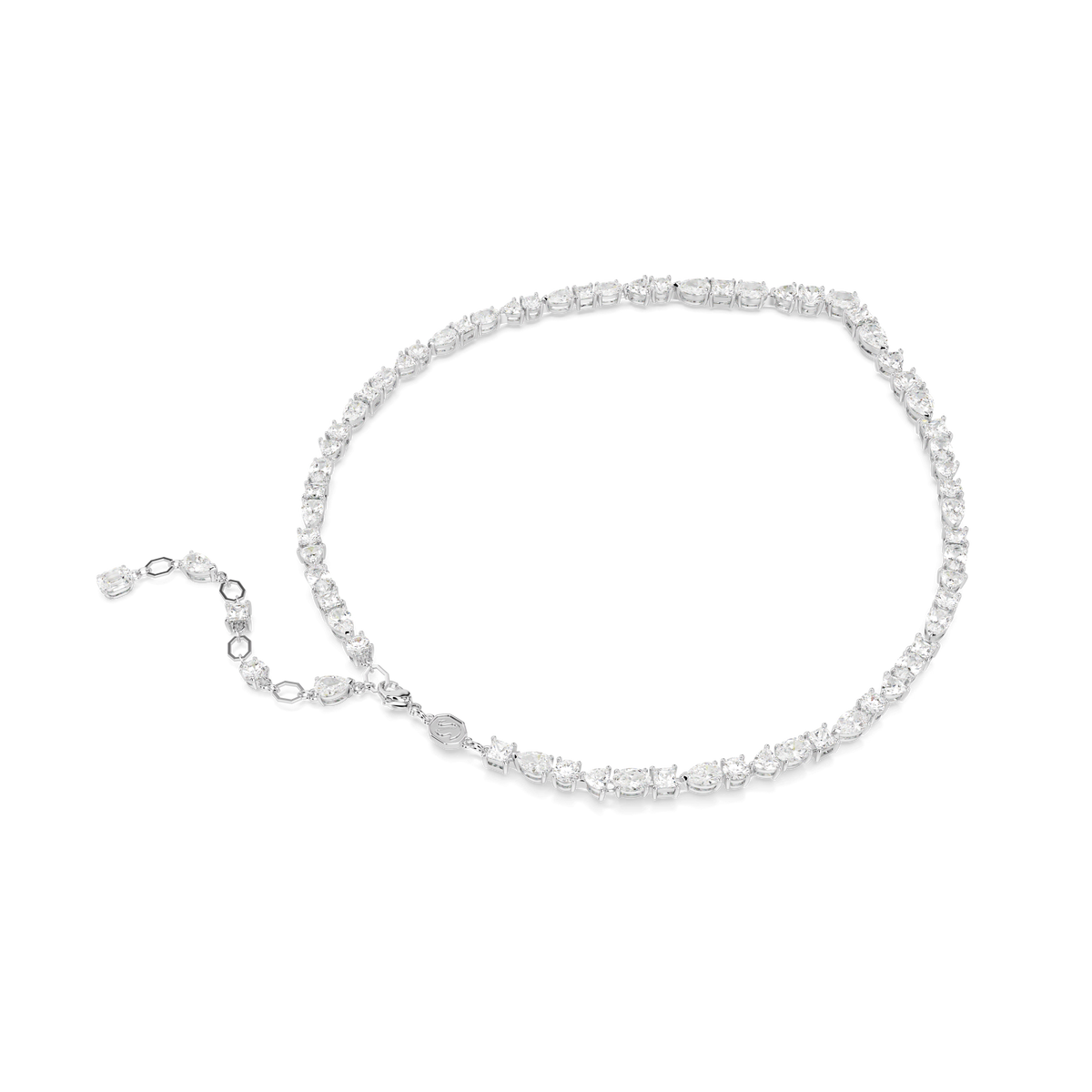 The Swarovski Mesmera necklace by Swarovski features mixed-cut white stones set on a rhodium-plated chain with an adjustable clasp, elegantly displayed on a plain white background.