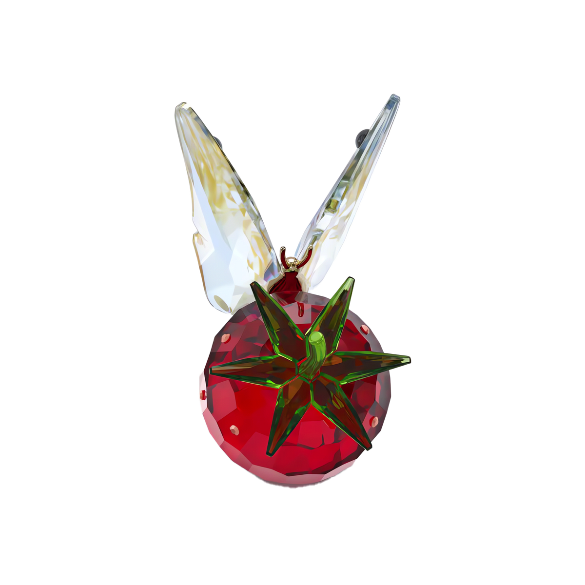 Introducing the Swarovski Idyllia Butterfly and Strawberry by Swarovski: this exquisite crystal pendant is designed in the shape of a red strawberry with crystallized facets that catch the light beautifully. It features a green, star-shaped leaf on top and two clear, wing-like structures extending upward, elegantly reminiscent of butterfly-inspired home décor.