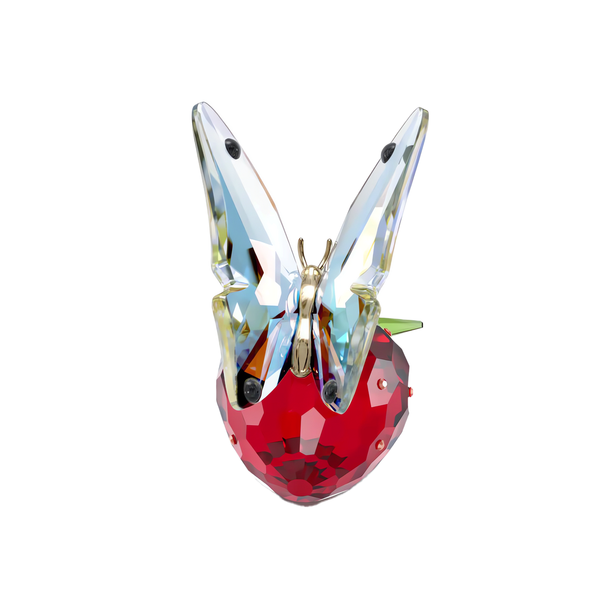 A dazzling Swarovski Idyllia Butterfly and Strawberry figurine showcases a crystal butterfly with iridescent wings perched atop a faceted red crystal strawberry accented by a green leaf, its sparkling facets reflecting the light against a simple white background. This captivating creation from Swarovski makes for delightful butterfly home décor.