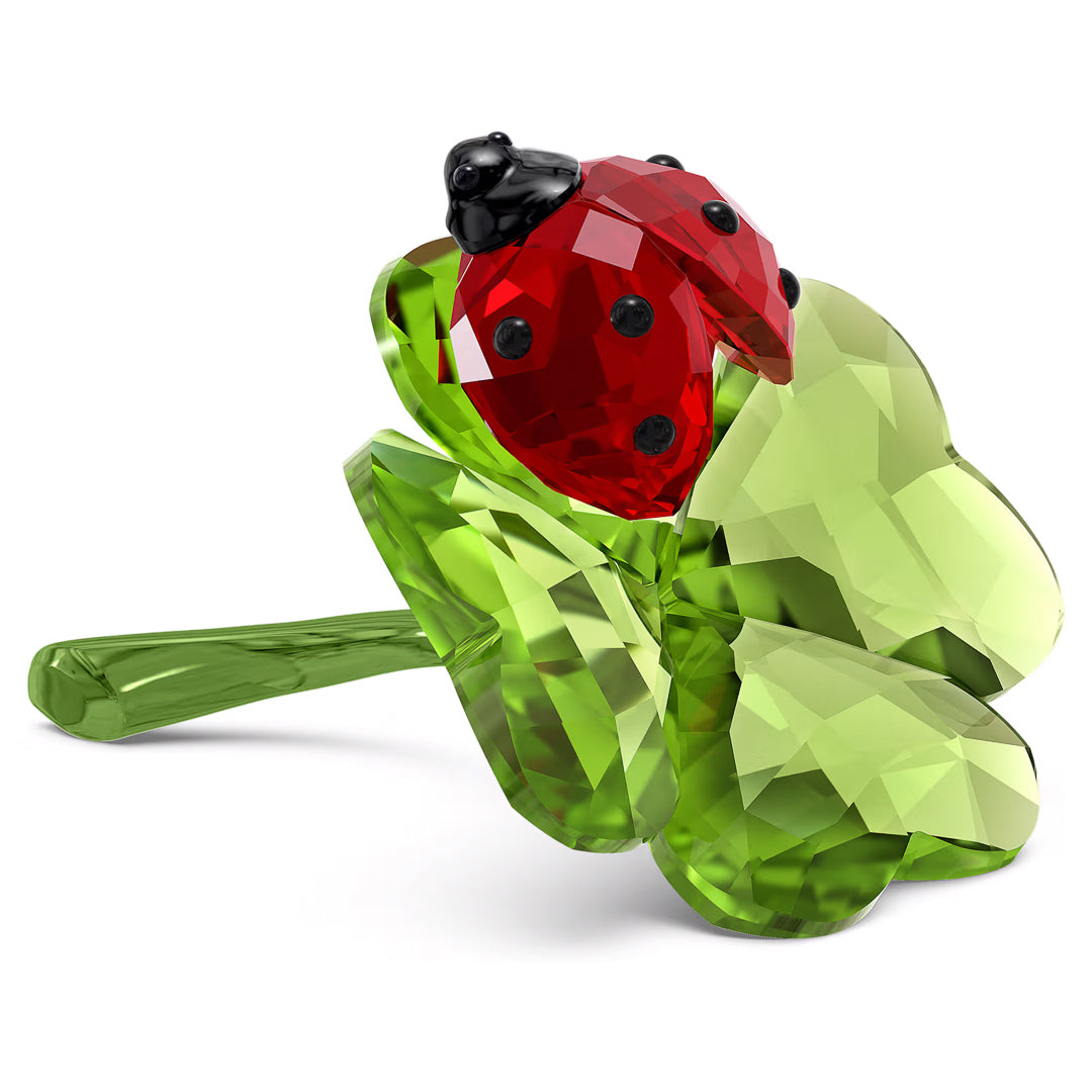 The Swarovski Idyllia Ladybug Home Décor is an enchanting crystallized creation, featuring a green four-leaf clover embellished with a striking red ladybug. Each element is meticulously cut, highlighting their beautifully faceted surfaces in remarkable detail.