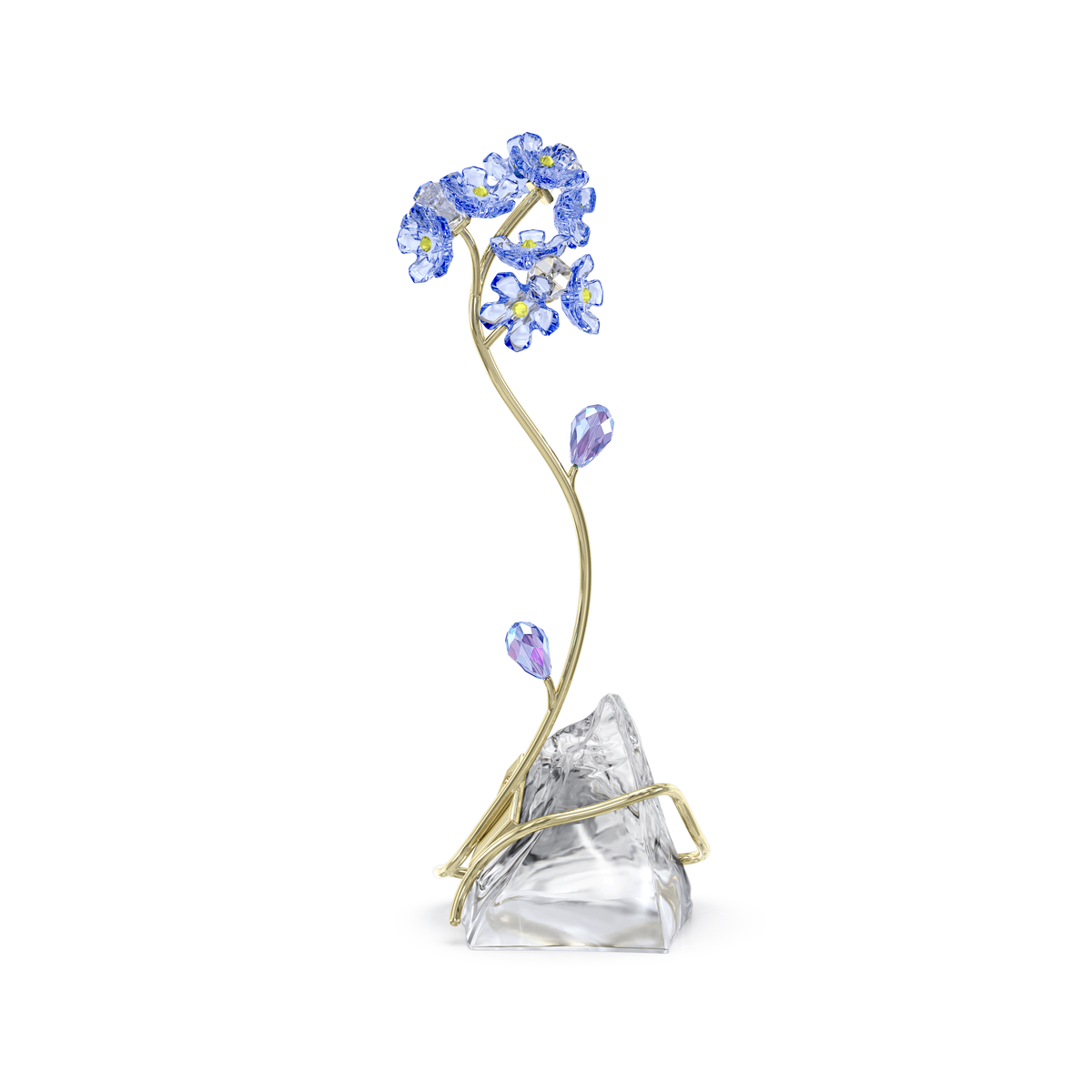 The Swarovski Florere Forget-me-not by Swarovski features a delicate arrangement of blue crystal flowers, inspired by forget-me-not blooms, with gold-toned stems and purple buds gracefully entwined around a clear, faceted crystal base—all set against a plain white background—making it an ideal gift for someone special.