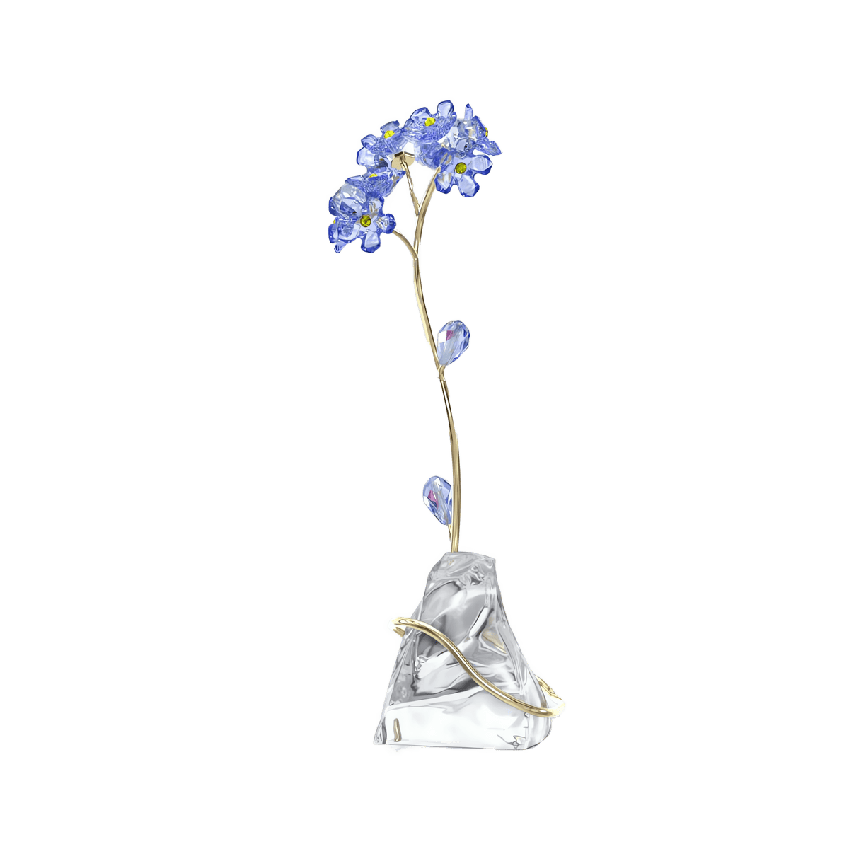 Presenting the Swarovski Florere Forget-me-not by Swarovski—a delicate ornamental sculpture featuring a gold stem adorned with blue forget-me-not and yellow flowers, set on a clear, faceted crystal base against a white background. This elegant crystal flower is perfect as a gift for a loved one.