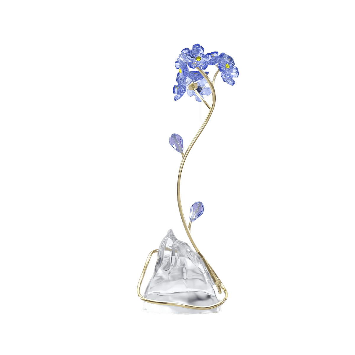 The Swarovski Florere Forget-me-not by Swarovski is a delicate sculpture featuring blue crystal forget-me-not flowers with gold-tone stems, sparkling crystal petals and leaves, all set on a clear, faceted base against a plain white background—making it the perfect gift for a loved one.