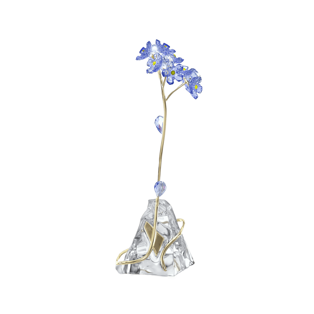 The Swarovski Florere Forget-me-not by Swarovski is a delicate glass sculpture featuring purple flowers with gold stems, set on a clear, faceted base. Evoking the enchanting beauty of crystal flowers, this stunning piece makes a thoughtful gift for a loved one.