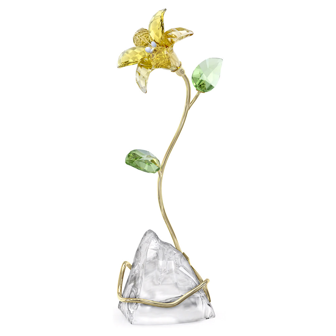 The Swarovski Florere Lily Home Décor is a stunning piece of craftsmanship, showcasing vibrant yellow petals and green leaves on a gold stem elegantly set on a clear, jagged crystal base. This decorative piece from Swarovski adds a touch of sophistication to any home décor.