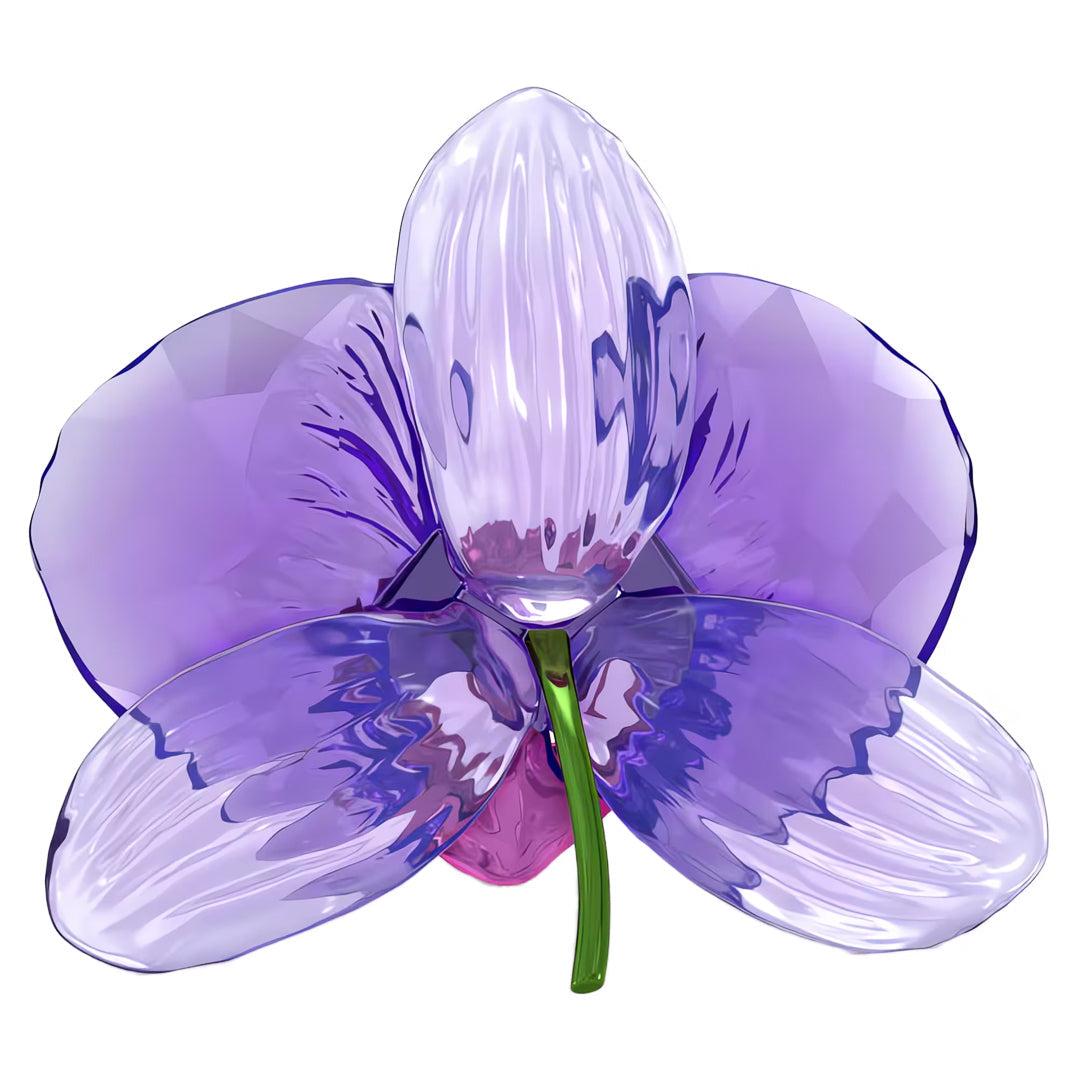 Introducing the Swarovski Idyllia SCS Orchid Petal Home Décor by Swarovski, an exquisite glass sculpture that captures the beauty of an orchid with its translucent, glossy texture in rich purple hues. The petals are artfully layered with realistic and intricate details, complemented by a green stem at the center. Set against a plain white background, this piece highlights its remarkable craftsmanship.