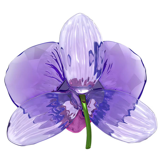 Introducing the Swarovski Idyllia SCS Orchid Petal Home Décor by Swarovski, an exquisite glass sculpture that captures the beauty of an orchid with its translucent, glossy texture in rich purple hues. The petals are artfully layered with realistic and intricate details, complemented by a green stem at the center. Set against a plain white background, this piece highlights its remarkable craftsmanship.