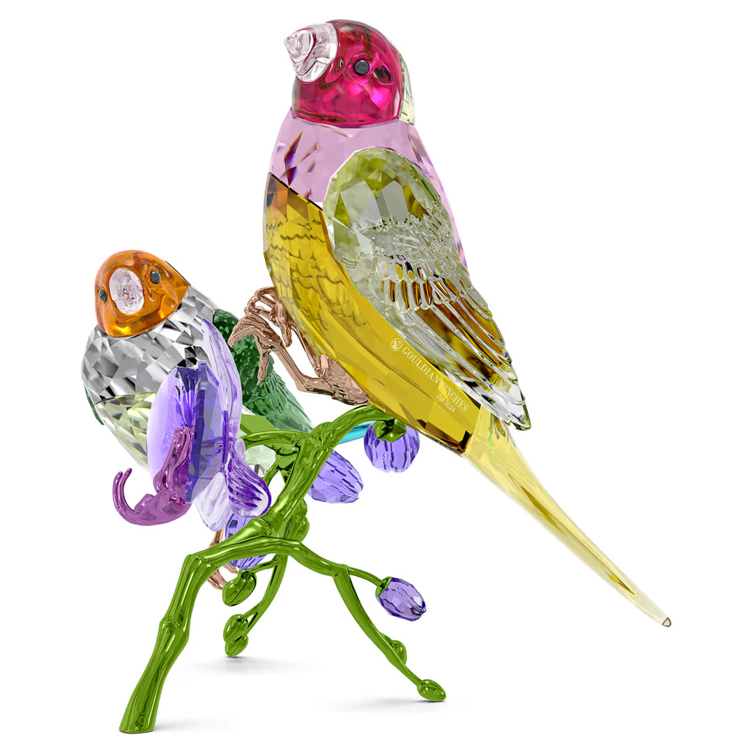 The Swarovski Idyllia SCS Annual Edition 2024 Gouldian Finches Home Décor features two colorful crystal birds evocative of the Gouldian Finch perched on a green crystal branch. One displays a pink head and yellow tail, while the other showcases an orange head and purple wings. This exquisite piece from Swarovski is adorned with vibrant purple crystal flowers.