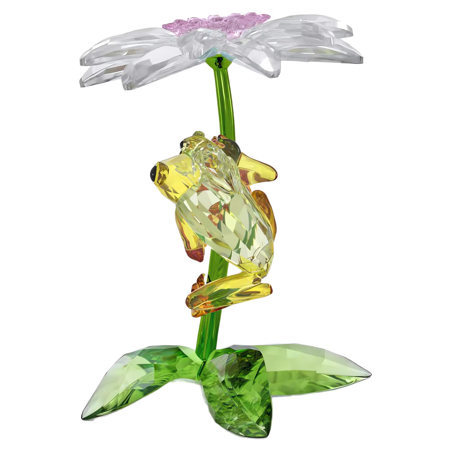 The Swarovski Idyllia Frogs and Flower Home Décor piece radiates tranquillity with its exquisite design, featuring a yellow frog attached to a green glass stem and topped with a translucent flower boasting pink petals and clear leaves at the base. Intricately crafted by Swarovski, the frog and flower elements add an elegant touch to any home setting.