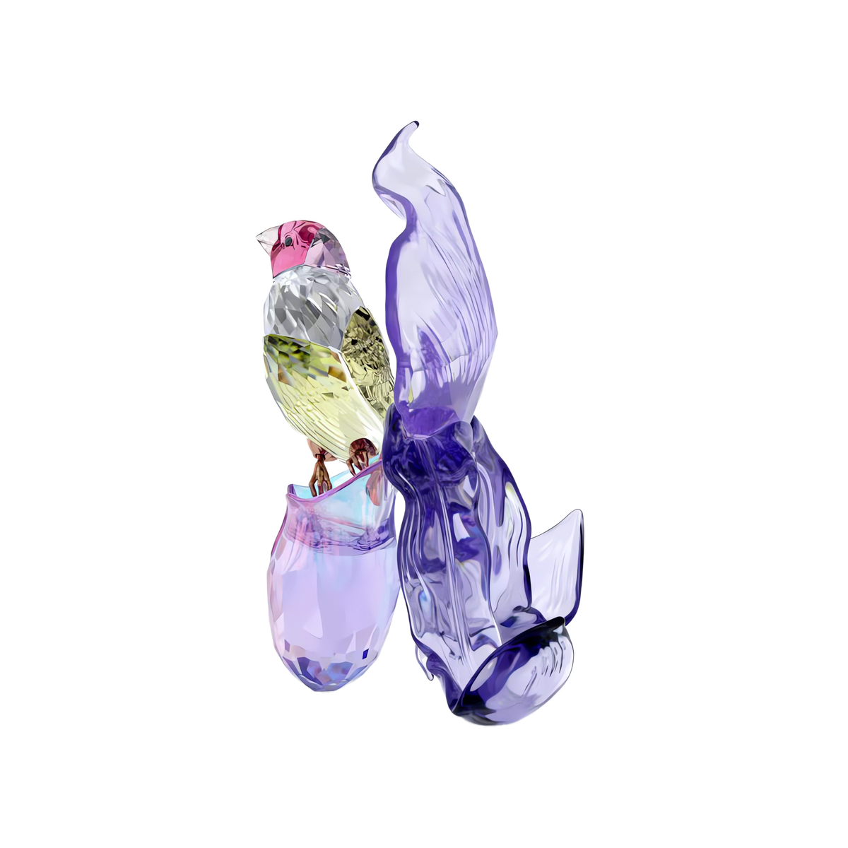The Swarovski Idyllia Gouldian Finch and Orchid features a vibrant crystal bird with a pink head, inspired by the colorful hues of a Gouldian finch. It is perched on a faceted purple base beside a flowing, translucent purple glass form reminiscent of an abstract orchid. Set against a plain white background, this Swarovski creation exudes refined elegance.