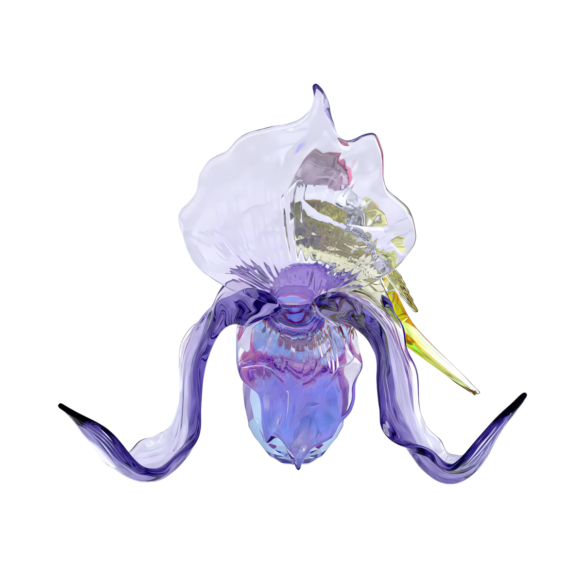 A translucent, abstract form inspired by the Swarovski Idyllia Gouldian Finch and Orchid from Swarovski, featuring curved purple appendages reminiscent of an orchid and a central body with glass-like textures characteristic of Swarovski design, set against a plain white background.