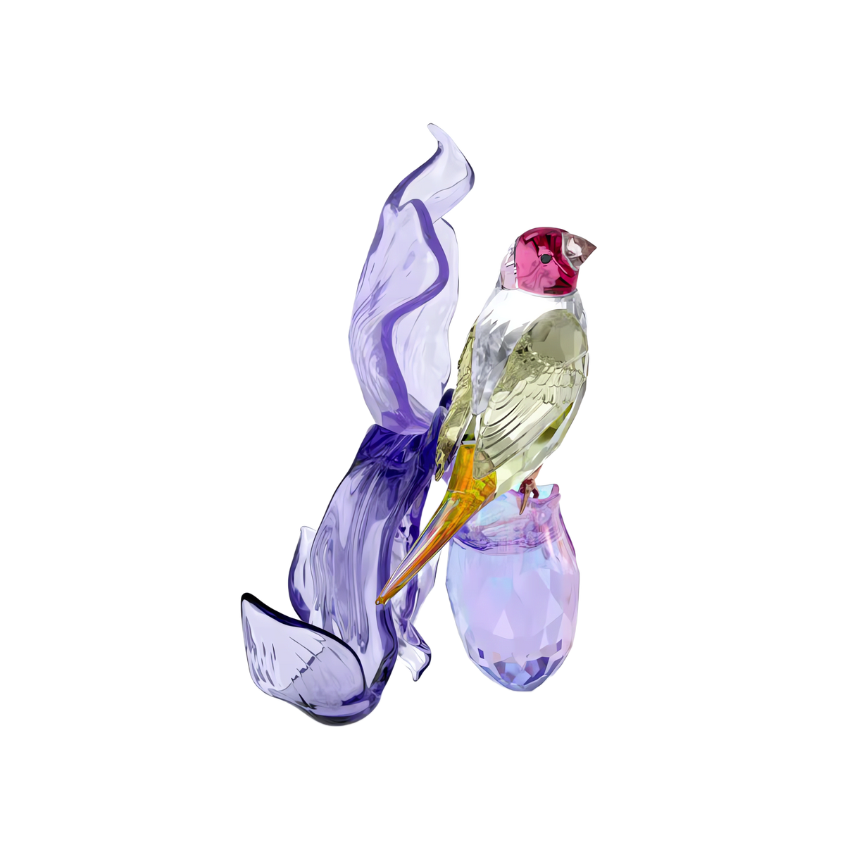 The Swarovski Idyllia Gouldian Finch and Orchid by Swarovski is a decorative glass sculpture featuring a colorful bird with a pink head, yellow tail, and clear wings inspired by the Gouldian finch, perched on a faceted purple crystal adorned with flowing purple glass accents.