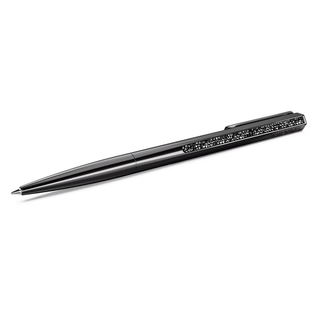 The Swarovski Crystal Shimmer Ballpoint Pen exemplifies the elegance typically associated with Swarovski stores, featuring a sleek black design and a shiny, smooth finish. Its barrel is embellished with Ultra Fine Crystal Rocks, all set against a white background.