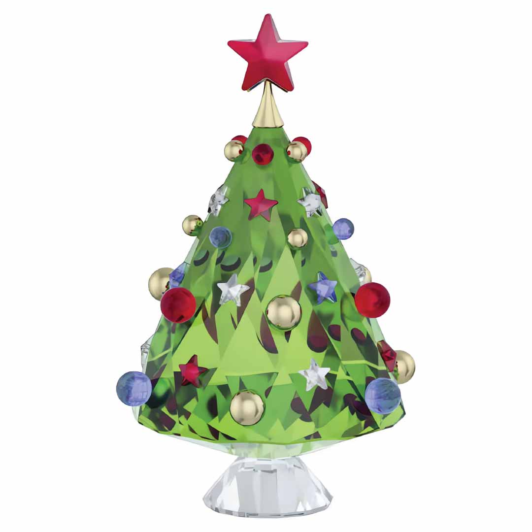 The Swarovski Holiday Cheers Tree Home Décor, crafted by the renowned brand Swarovski, is a crystal ornament that embodies a Holiday tree adorned with colorful stars and round decorations. This spirited piece showcases a vibrant green hue with a striking red star at the top, all elegantly positioned on a clear base—making it an ideal decoration centerpiece.