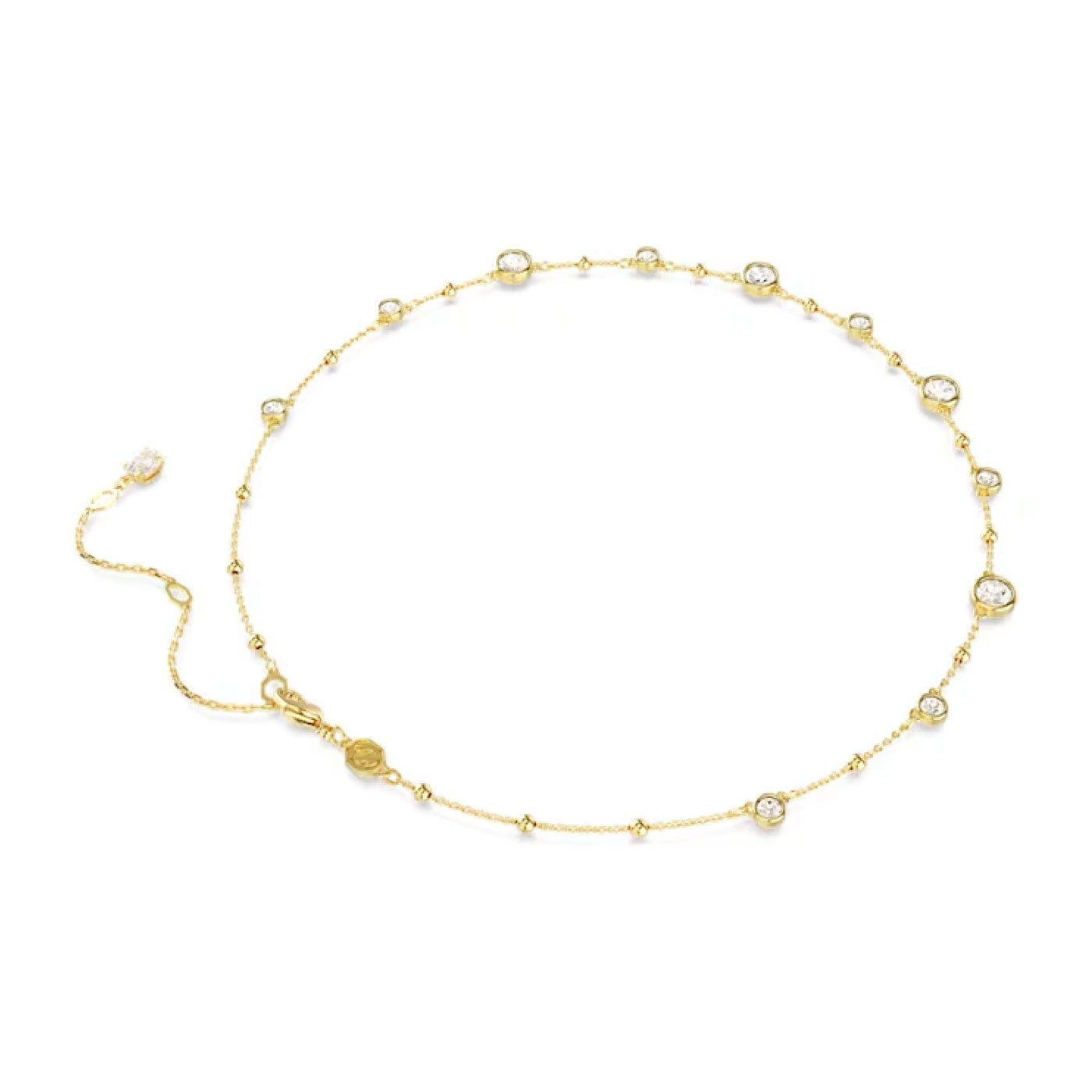 The Swarovski Imber Station Necklace by Swarovski is a refined gold-tone plated piece adorned with small round Swarovski Zirconia evenly distributed along the chain, complete with an adjustable clasp for versatile sizing.