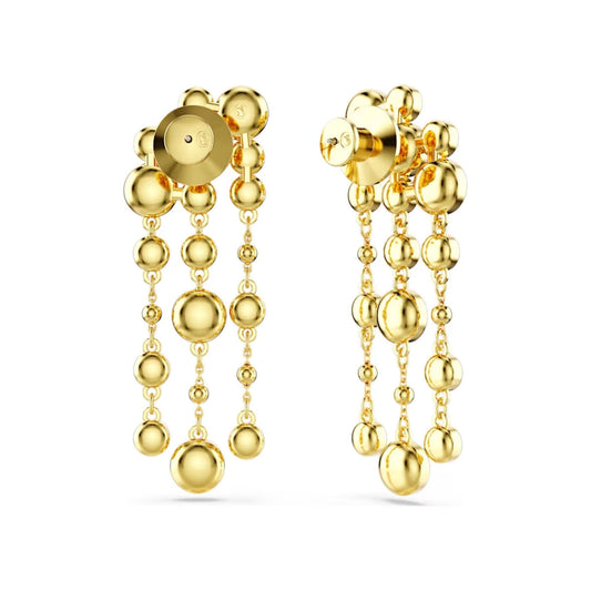 Introducing the Swarovski Imber Drop Earrings, a luxurious pair of gold-tone plated chandelier earrings by Swarovski. They feature cascading rows of shiny spherical beads and multiple strands that create an intricate, eye-catching appearance, beautifully accented with dazzling crystals.