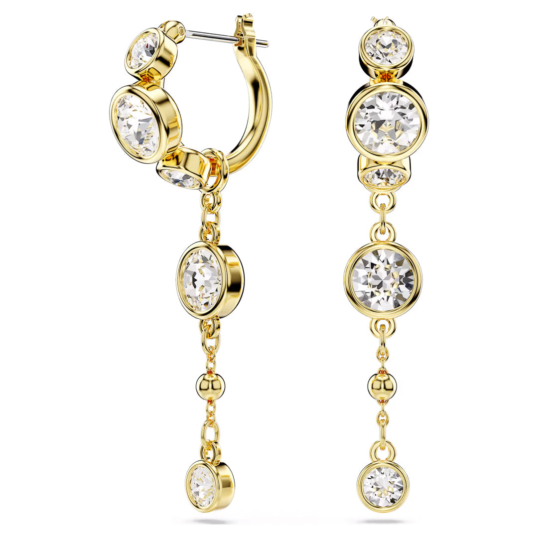 The Swarovski Imber Drop Earrings by Swarovski feature gold-tone plating and a design that includes three round-cut crystals. Two smaller stones are linked by a delicate chain, each pierced earring presenting a larger crystal at the post.
