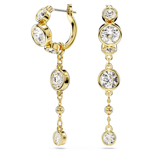 The Swarovski Imber Drop Earrings by Swarovski feature gold-tone plating and a design that includes three round-cut crystals. Two smaller stones are linked by a delicate chain, each pierced earring presenting a larger crystal at the post.