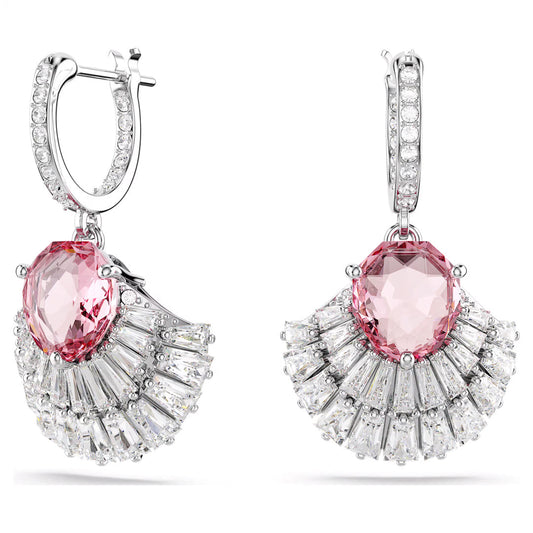 The Swarovski Idyllia Drop Earrings by Swarovski showcase large pink gemstones encircled by a fan-shaped arrangement of small, clear Swarovski Zirconia set in rhodium-plated silver. These earrings are equipped with hinged clasp closures, embellished with extra clear stones.