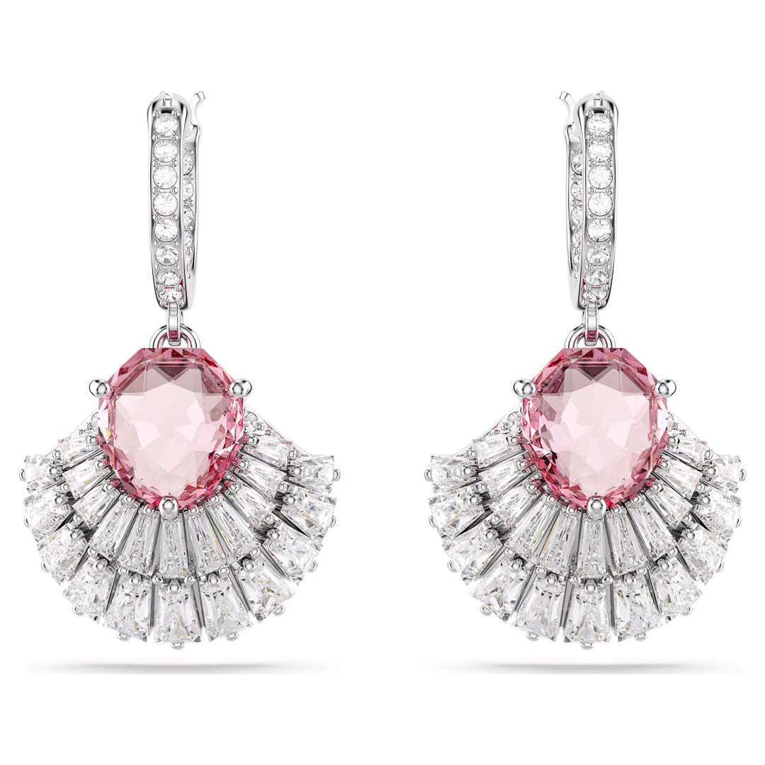Introducing the Swarovski Idyllia Drop Earrings by Swarovski: elegant pieces featuring large pink gemstones encircled by fan-like arrays of sparkling Swarovski Zirconia, all set in rhodium-plated silver metal.