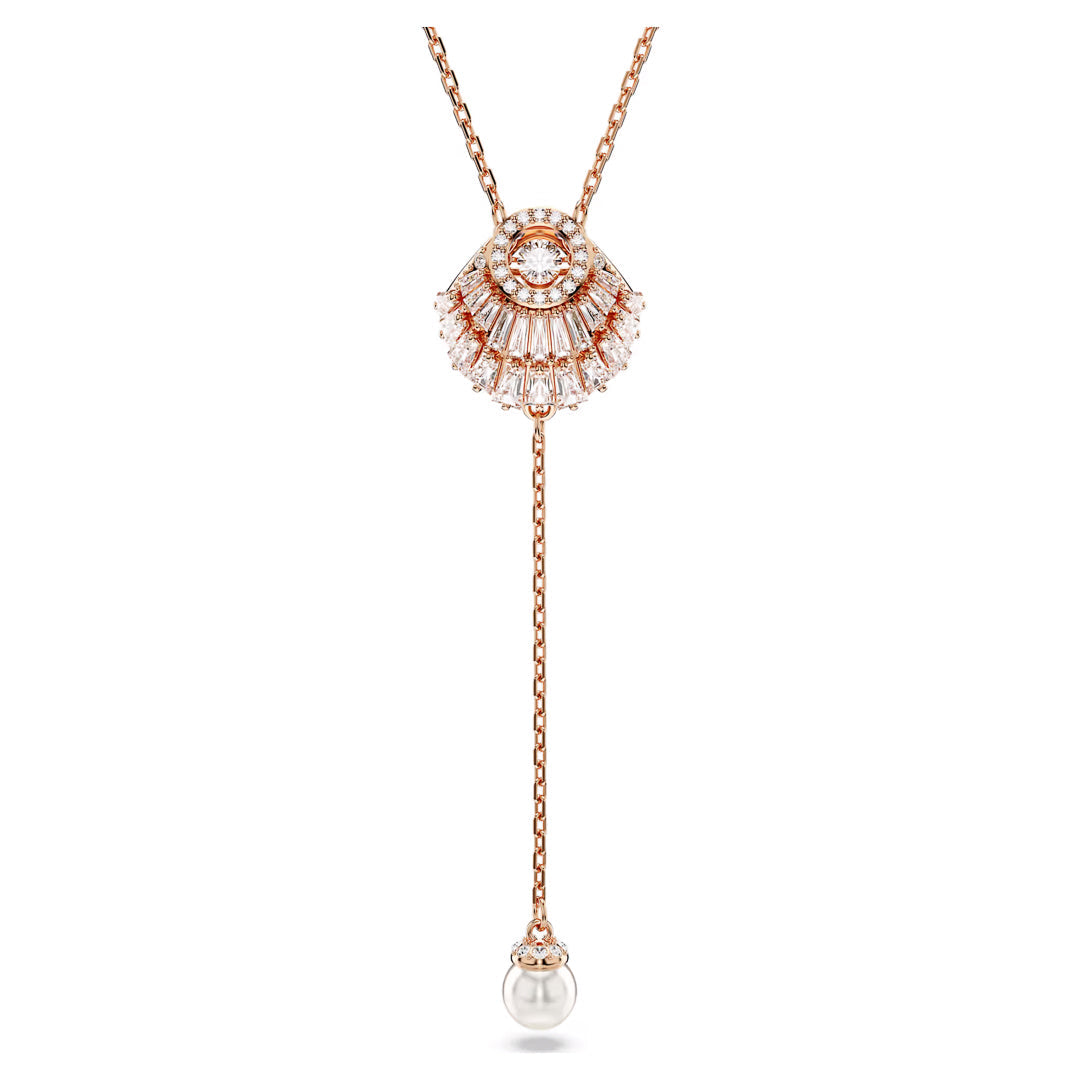 The Swarovski Idyllia Y Necklace Pendant by Swarovski features a rose gold-tone plated, fan-shaped design adorned with sparkling Swarovski Zirconia, and is elegantly finished with a drop-down chain ending in a single pearl.