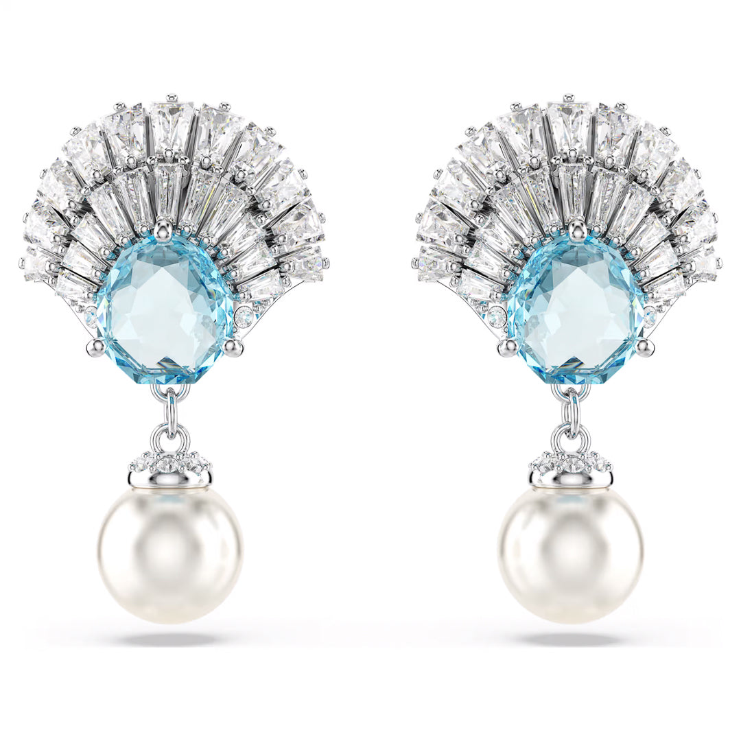 Introducing the Swarovski Idyllia Drop Earrings by Swarovski: an elegant and sophisticated design featuring a fan-shaped arrangement of baguette-cut diamonds encircling an oval aquamarine stone. These earrings are gracefully completed with a dangling Swarovski Crystal Pearl, offering a timeless touch.