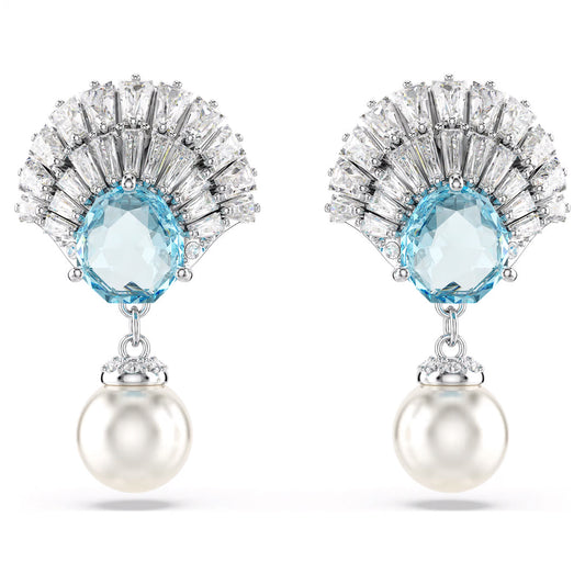 Introducing the Swarovski Idyllia Drop Earrings by Swarovski: an elegant and sophisticated design featuring a fan-shaped arrangement of baguette-cut diamonds encircling an oval aquamarine stone. These earrings are gracefully completed with a dangling Swarovski Crystal Pearl, offering a timeless touch.