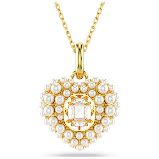 Introducing the Swarovski Hyperbola Heart Necklace Pendant by Swarovski: a gold-tone plated necklace that features a heart-shaped pendant adorned with Crystal Pearls. At its center is a clear, square-cut gemstone that perfectly complements the necklace's delicate chain.