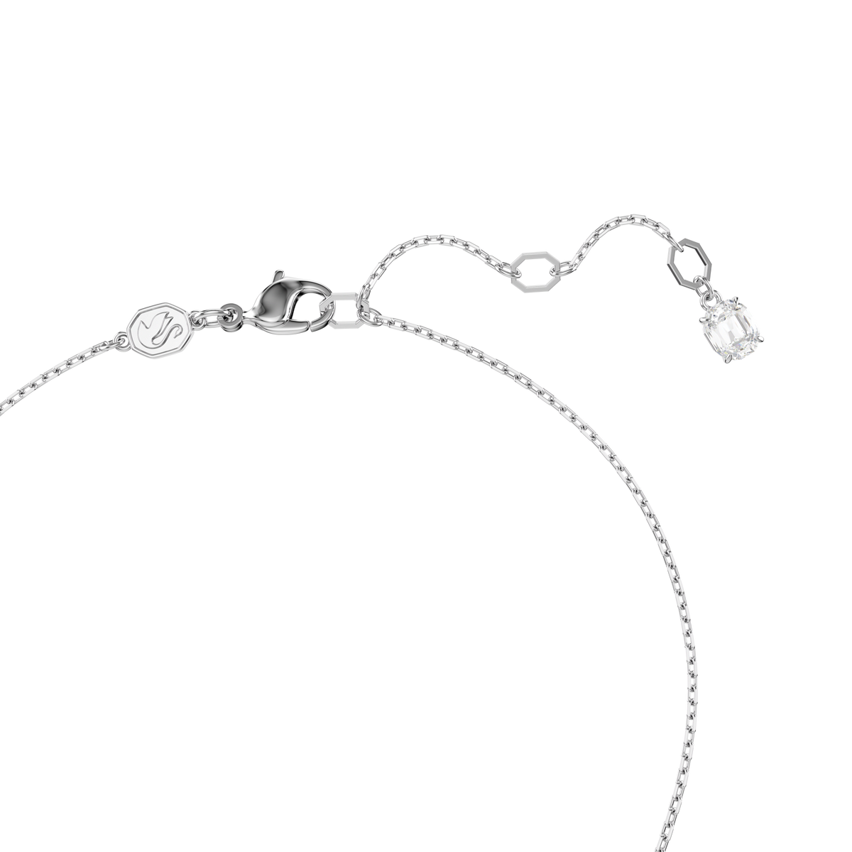 A delicate rhodium-plated silver chain necklace by Swarovski, featuring a lobster clasp, a small logo charm, and an adjustable extension finished with a faceted rectangular Heart Blue gemstone—just like the Swarovski Hyperbola Pendant.