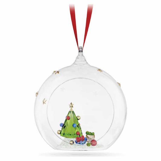 The Swarovski Holiday Cheers Tree and Gifts Ball Ornament Home Décor, by renowned brand Swarovski, features a clear, round design with a red ribbon. Inside, you’ll find a miniature green Christmas tree adorned with small, colorful baubles and surrounded by tiny wrapped gifts. Golden star accents embellish the outer shell to enhance this festive decoration's charm.