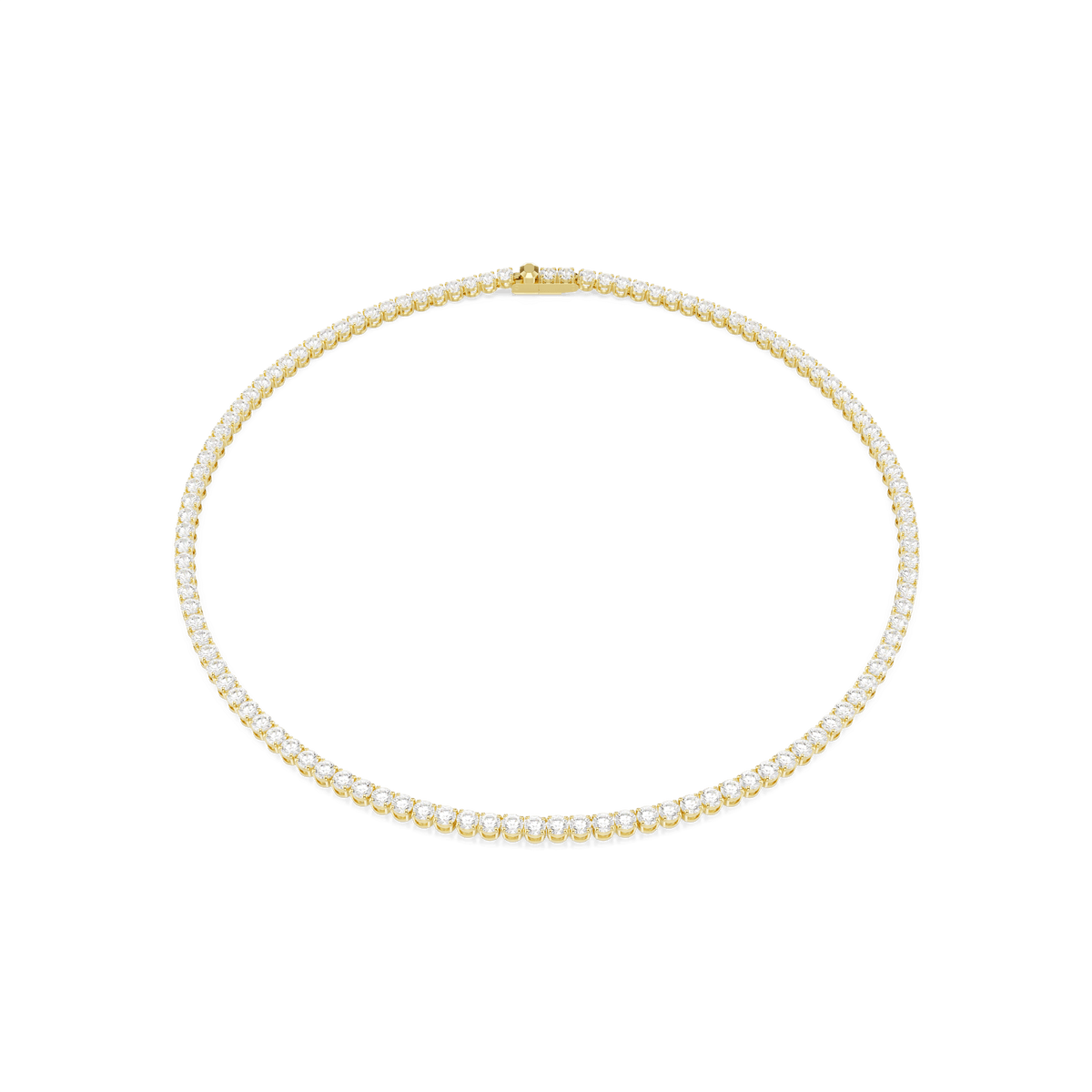 The Swarovski Matrix Tennis necklace features a continuous row of small, round-cut white stones set closely together along the entire chain, finished with elegant 18K gold plating. The necklace is displayed on a plain white background.
