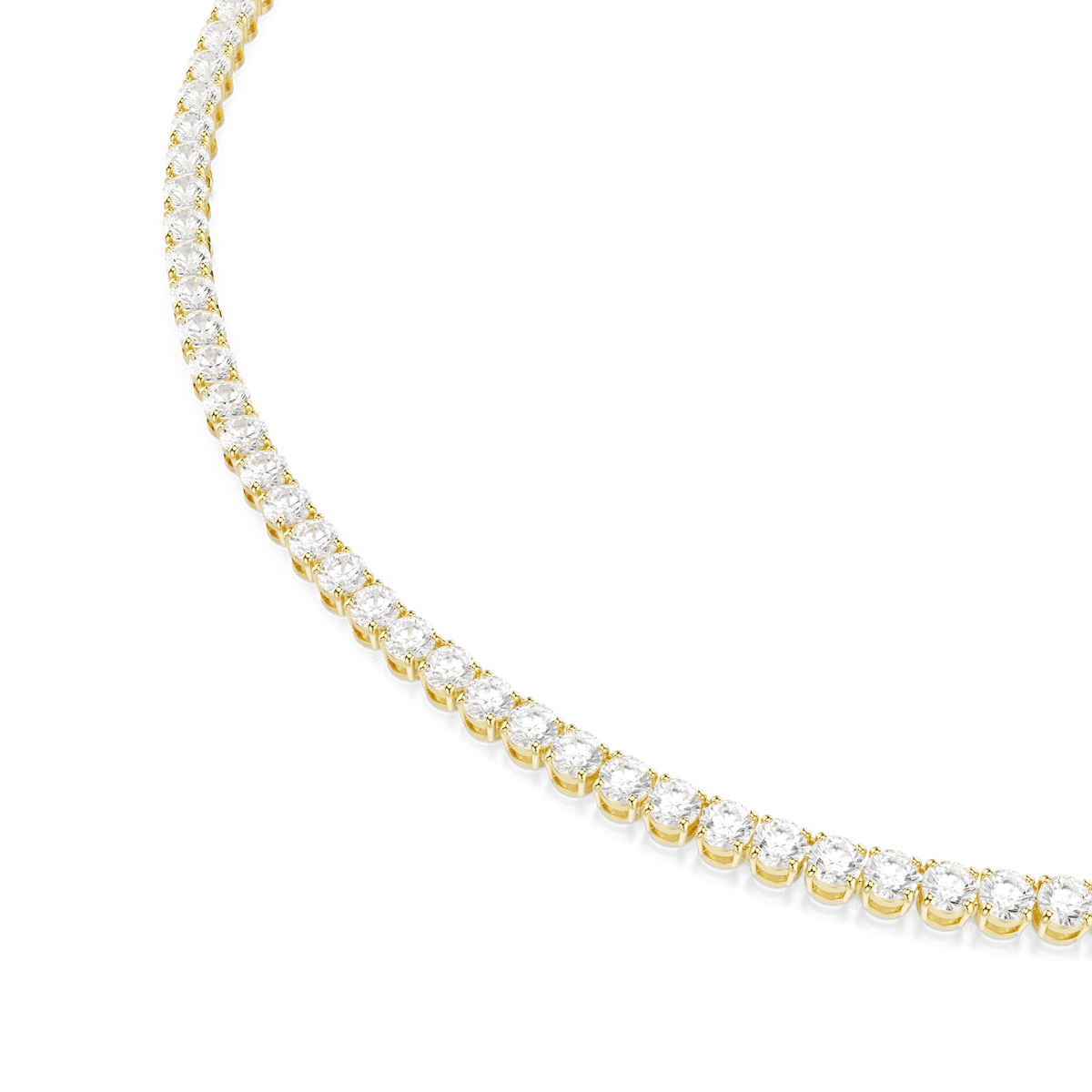 A close-up of the Swarovski Matrix Tennis necklace, featuring round-cut white stones set along its length in an 18K gold finish, displayed on a plain white background.