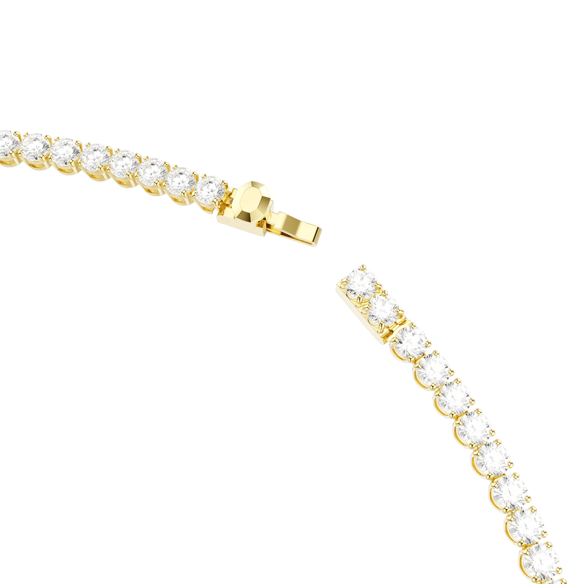 Close-up of the Swarovski Matrix Tennis necklace featuring round, white stones and an 18K gold finish, shown with the clasp partially open against a white background.