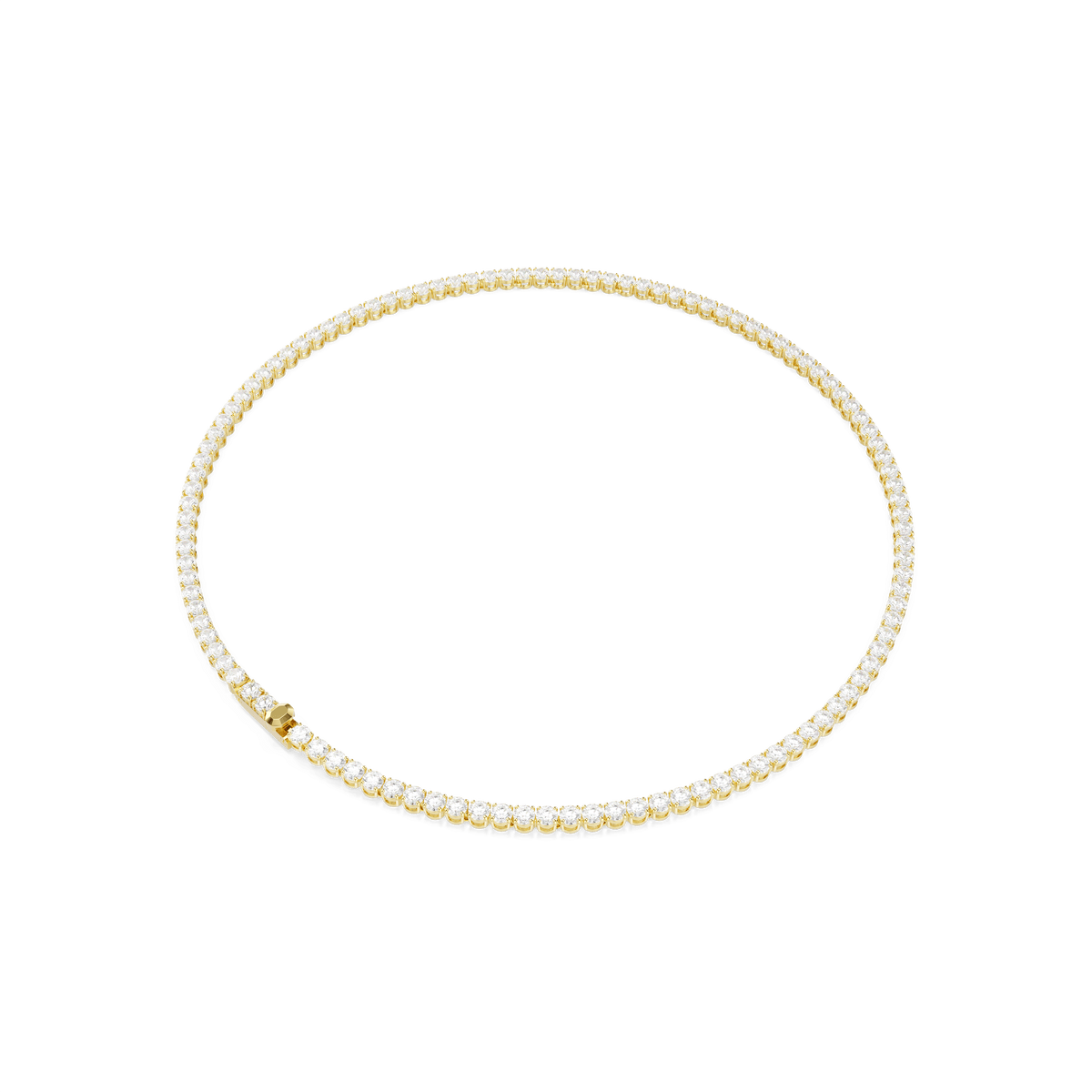 The Swarovski Matrix Tennis necklace features round, white stones set along the entire chain and an elegant 18K gold finish. Displayed in a circle on a white background, this piece showcases the signature style of Swarovski.