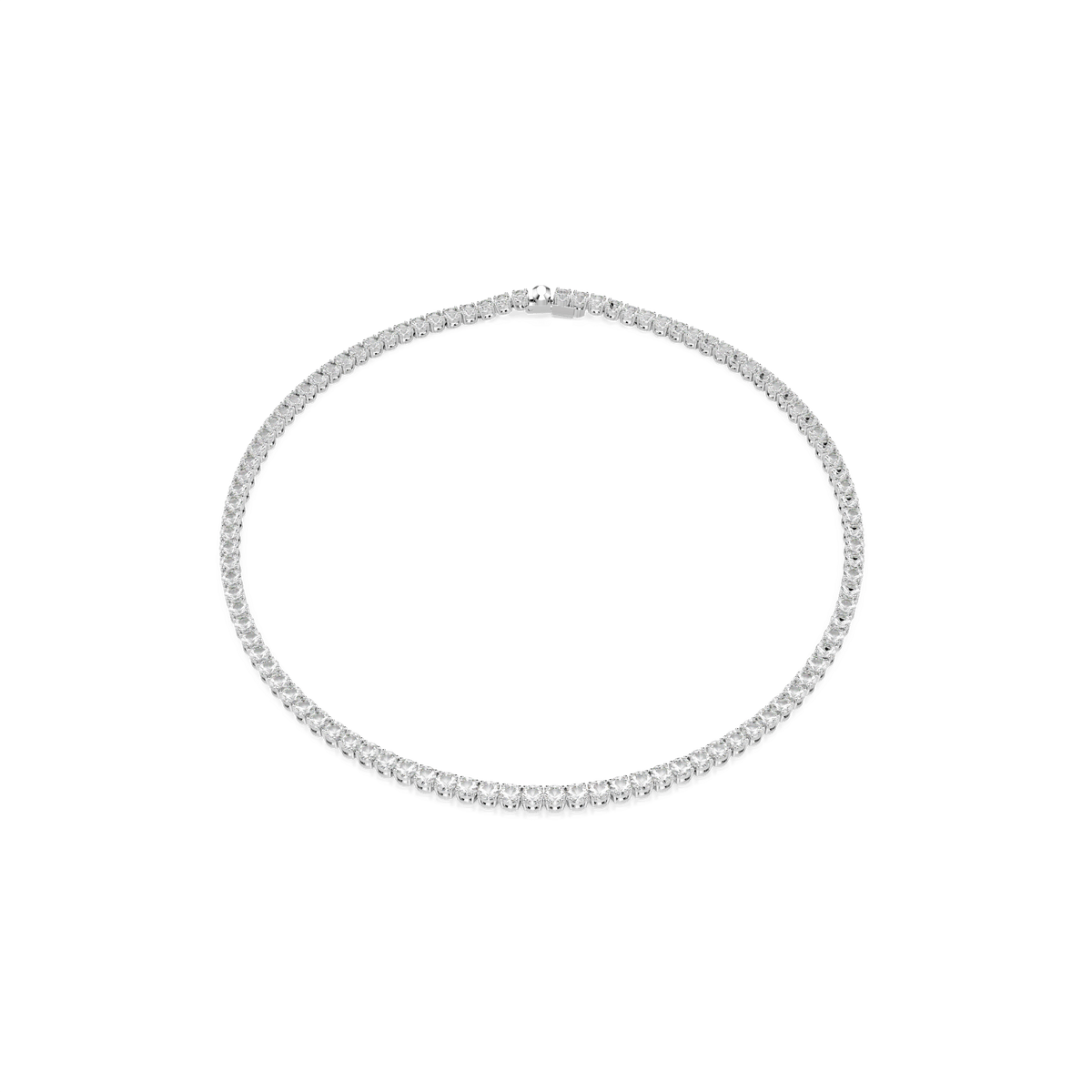 The Swarovski Matrix Tennis necklace, featuring round-cut white stones set closely together and rhodium plating, is displayed against a plain white background.