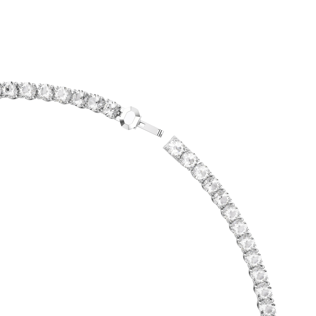 Close-up of the Swarovski Matrix Tennis necklace, crafted with round-cut white stones and a rhodium-plated finish, shown partially unfastened with its clasp visible against a plain white background.