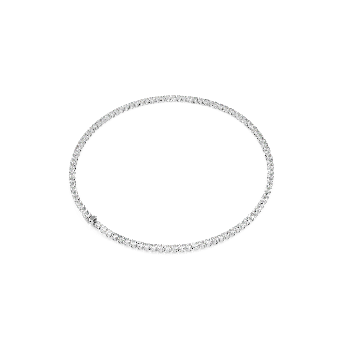 The Swarovski Matrix Tennis necklace features round white stones set closely together in a continuous, elegant rhodium-plated chain with a delicate clasp.