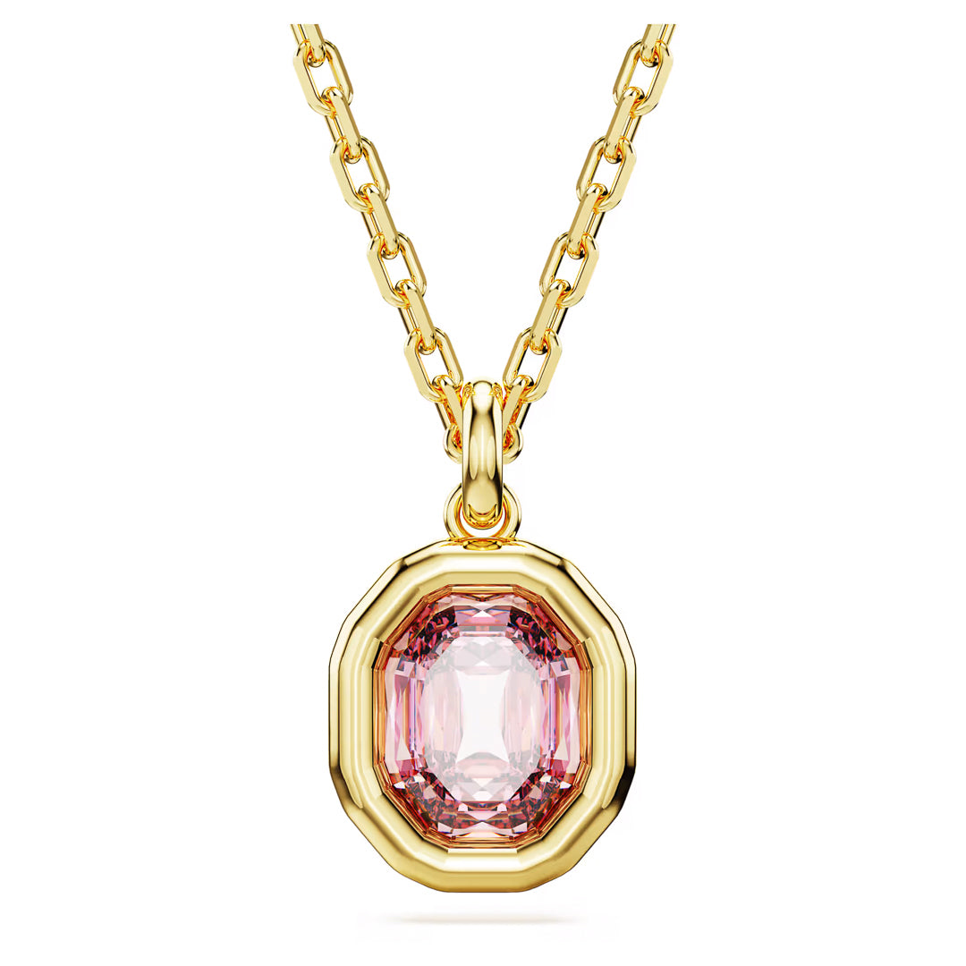 The Swarovski Imber Necklace Pendant by Swarovski showcases an octagon-cut pink crystal framed by a gold-tone plated border. Its elegance is further enhanced by an oval-linked chain.