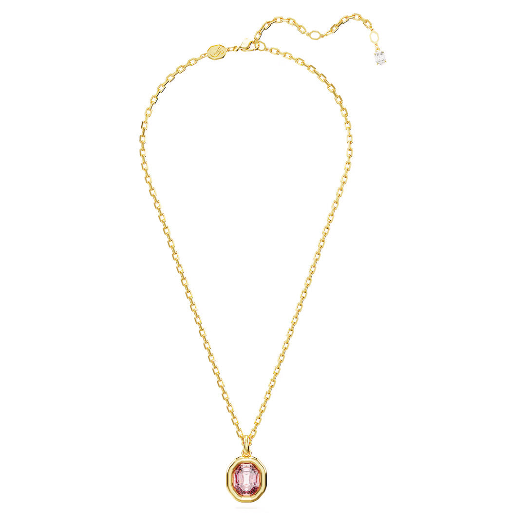 The Swarovski Imber Necklace Pendant by Swarovski showcases a stunning octagon-cut pink crystal set within a geometric gold-tone plated frame. The adjustable chain includes a charming dangling clasp, enhancing the necklace's classic elegance, while the addition of Swarovski Zirconia offers an extra touch of brilliance.