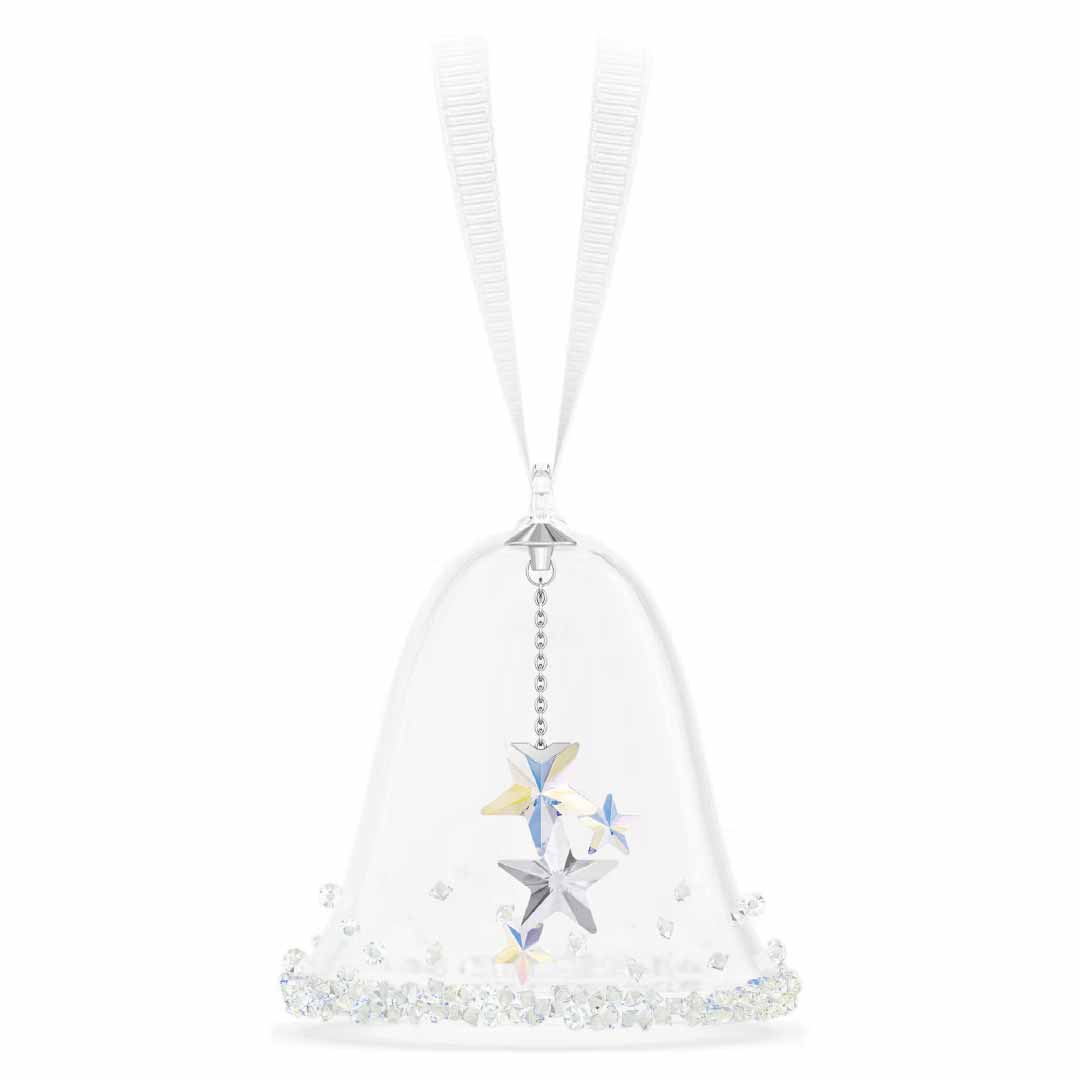 The Swarovski Holiday Magic Classic Bell Ornament Home Décor from Swarovski is a timeless holiday classic, embellished with sparkling stars inside. It includes a ribbon for hanging and is accented with small crystals around the base, which reflect light to create an enchanting aurora borealis effect.