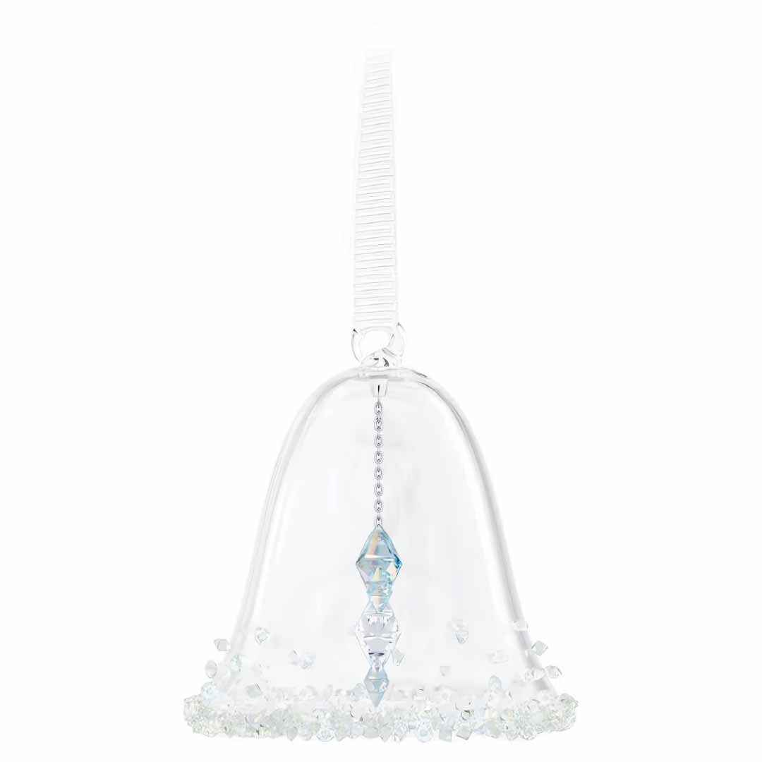 The Swarovski Holiday Magic Classic Bell Ornament Home Décor by Swarovski is a clear glass miniature bell ornament that includes a striking blue crystal drop, creating an Aurora Borealis effect. It is adorned with small light blue and clear beads at the base and features a looped white ribbon for easy hanging.