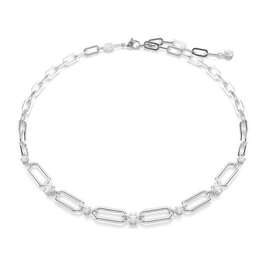 The Swarovski Constella Necklace showcases a sophisticated rhodium-plated chain adorned with elongated oval links, accented by small, round Swarovski Zirconia stones. This exquisite silver piece includes an adjustable clasp and extra links for ideal length customization.