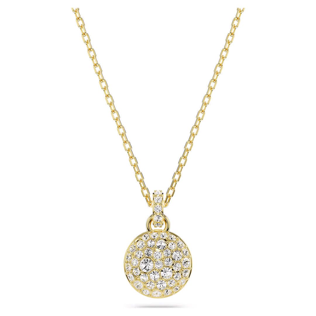 The Swarovski Sublima Necklace Pendant by Swarovski showcases a galaxy-inspired design with a gold-tone plated finish. The pendant is adorned with clear round crystals and is suspended gracefully from a delicate gold chain, exuding an air of luxury and sophistication.