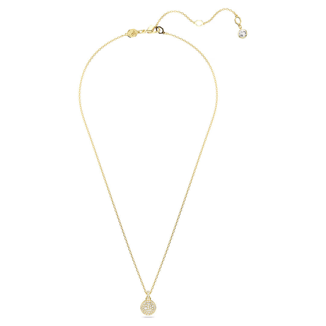 The Swarovski Sublima Necklace Pendant by Swarovski is a delicate piece featuring a gold-tone plated chain with a galaxy-inspired pendant encrusted with clear round crystals. The thin chain includes an adjustable clasp and a tiny dangling charm.